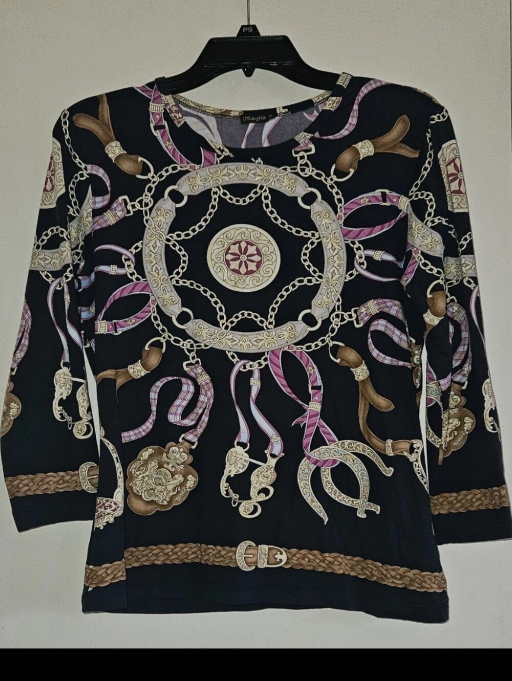 J. McLaughlin Women Top M Signature Chain Print Catalina Cloth 3/4 Sleeve Blouse
